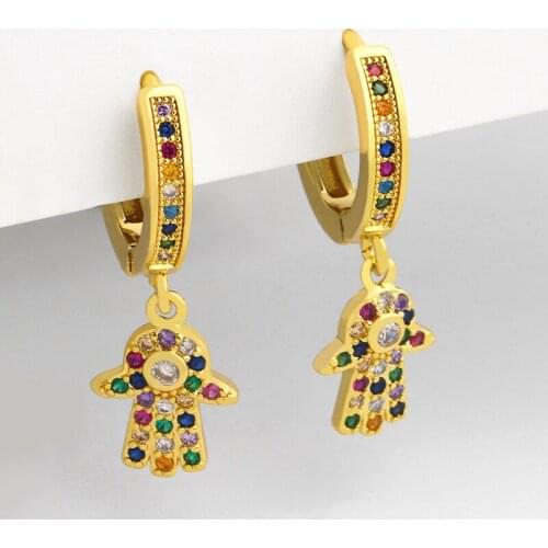 Small Rainbow Fatima Hand Earrings For Women Multicolor Hamsa Charms Drop Earrings CZ Cubic Zirconia Turkish Jewelry Gift ersu77