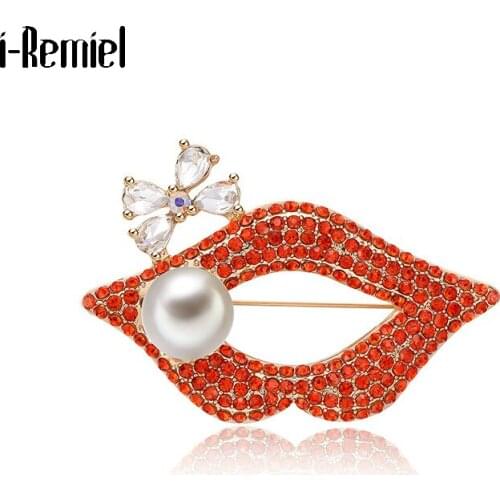 Fashion Red Lips Bow Brooches for Women High-grade Pearl Crystal Rhinestone Luxury Jewelry Scarf Buckle Hat Pins Accessories