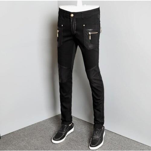 28-36 New 2020 Mens Hair Stylist fashion skinny denim stitched Pu locomotive half leather pants plus size costumes