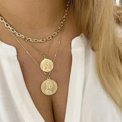New Vintage Boho Fashion Multilevel Gold Silver Color Human Head Coin Pendant Necklaces For Women Thick Chain Necklace Jewelry