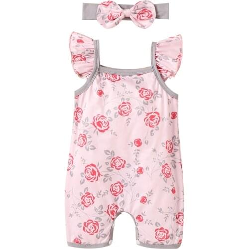New 2 Pcs Rose Print Outfits, Baby Girls Fly Sleeve Square Collar Romper + Bowknot Headband