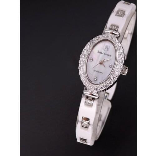 Luxury Ceramic Jewelry Lady Womens Watch Fine Fashion Hours Mother-of-pearl Bracelet Rhinestone Girls Gift Royal Crown Box
