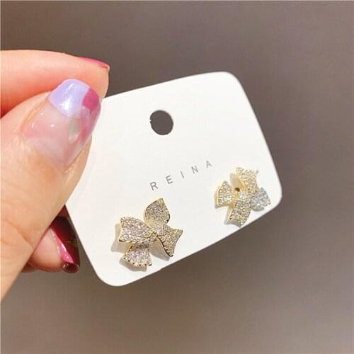 Stud Earrings for Women Fashionable Light Luxury Crystal Bow Earrings Delicate Sweet Geometric Earrings Jewelry Wholesale