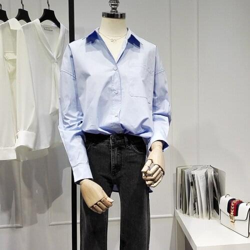 Blue Women Shirts Cotton Solid Summer New 2021 Turn-Down Collar Batwing Sleeved Loose Elegant Office Lady Outwear Tops