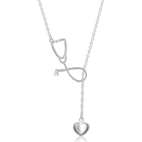 Charms wedding 925 Sterling silver women lady necklace Doctors Stethoscope Lariat jewelry cute nice lady gift