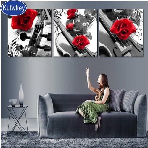 Triptych paintings 3d diy diamond painting beautiful red roses guitar mosaic Rhinestone full square crystal daimond embroidery