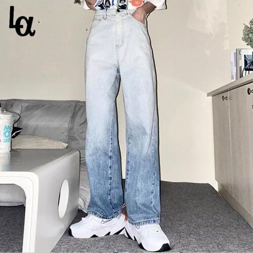 Luck A Spring Women Wide Leg Loose Jeans Vintage Gradient Denim Trousers Female High Waist Pants Spliced Cowboy Streetwear