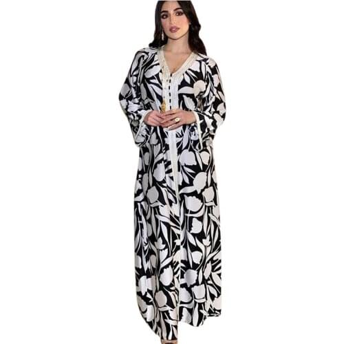 Ethnic Long Dress for Women Ribbon V Neck Long Sleeve Maxi Dresses Loose Plus Size Middle East Muslim Arabic Clothing HB376
