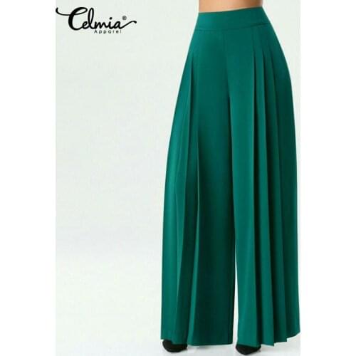 2021 Summer Women Pleated Elastic High Waist Wide Leg Pants Celmia Solid Color Loose Casual Trousers Office Long Pantalon S-5XL