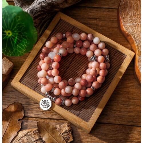 Women`s Wrap Bracelet Pink Aventurine Beads With Lotus OM Buddha Charm Yoga Men Bracelet 108 Mala Necklace Dropshipping
