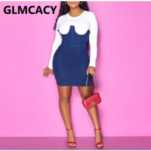 Women Casual Long Sleeve Patchwork Denim Dress Slim Stretch Mini Chic Dresses