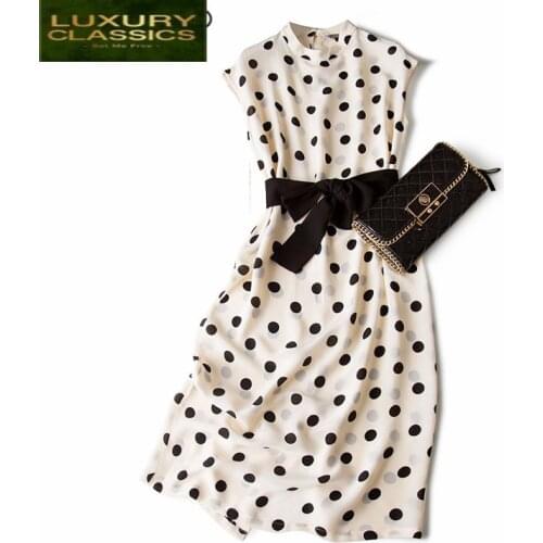 Dress Women Clothes Summer 2021 Vintage Real Silk Polka Dot Dresses Korean Elegant Mid Sleeveless Vestidos Womens Dress