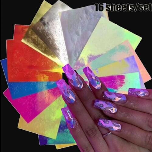 16 sheets/set Nail Art Laser Symphony Flame Butterfly Hollow Sticker Flash Sequin Nail Laser Sticker 3D Nail Art Decoration