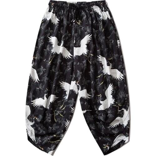 Japanese Thin Trousers Harajuku Joggers Men Trousers Hip Hop Streetwear Japan Style Crane Print Baggy Calf-length Pants Autumn