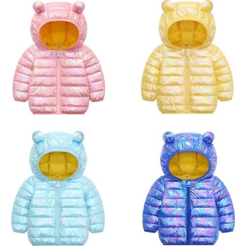 Kids Puffer Jacket Metallic Winter Down Coat for Boy Girl Children Cartoon Bear Hoodie Coats Lightweight Packable Outwear