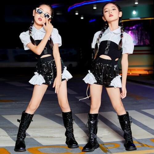 Jazz Sequins Black Suit Hip Hop Clothes For Girls Street Dance Outfits Jazz Dance Costumes Children Ballroom Rave Clothes DN9484