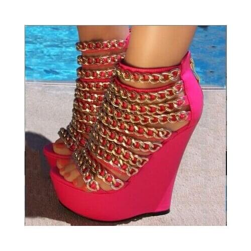 Minan Ser new fashion pink leather, gold chain decoration, zippers, 15 cm high-heeled shoes. Size: 35-43