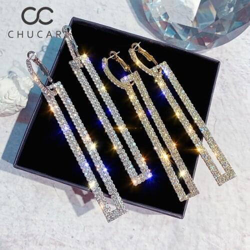 CHUCARI Fashion Long Geometric S925 Silver Drop Earring Luxury Gold Color Rectangle Crystal Earring for Women Party Jewelry Gift