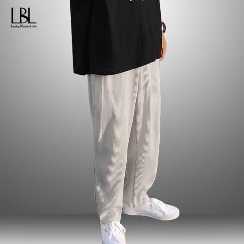 Mens Pleated Straight Pants Fashion Elastic Waist Casual Pants Male Streetwear Loose Ice Silk Trousers Mens Wide Leg Pants New