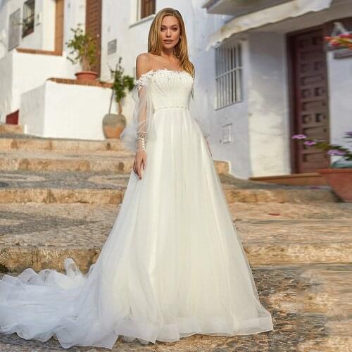 Charming Sheer Scoop Neck Tulle A-line Pleated Wedding Dress Off-the-shoulder Applique Bridal Gowns Vestido de Novia