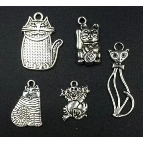 Wholesale 20PCS Antique Silver Plated Mixed Cat Charms Pendant For Bracelets Necklace Jewelry Making