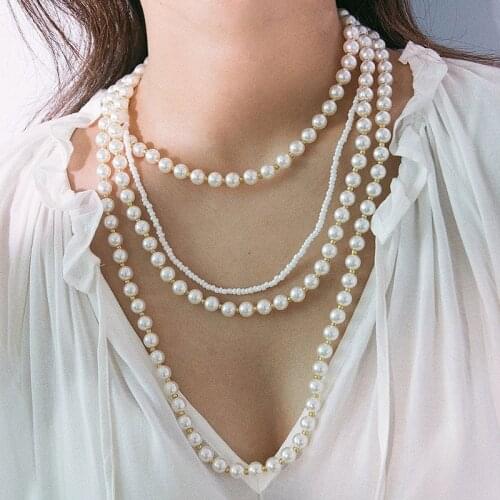 Fashion Exaggerated Multilayer Imitation Pearl Necklace for Women White Acrylic Beads Geometric Tassel Necklace Jewelry Kolye