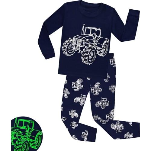 Toddler Cotton Tops+Pants Sets Boy Pyjamas Black Glow in Dark Pajamas Truck Tank Car Print Clothes Kid Autumn Full Sleeve Pyjama