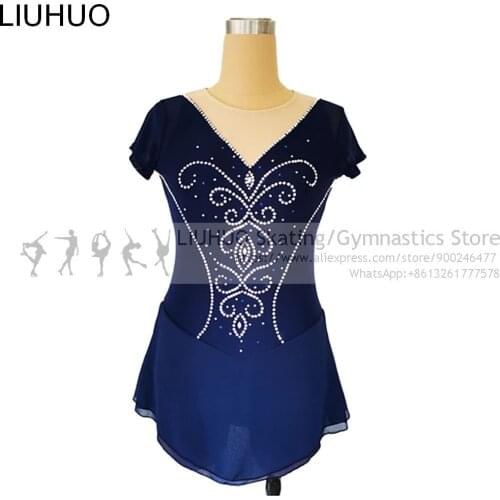 Ice Skating Dress Womens kids Dark blue Figure Skating Dress Competition Practise Dance Spandex Professional Skate Costumes