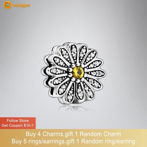 Volayer 925 Sterling Silver Bead Sparkling Daisy Flower Clip Charm fit Original Pandora Bracelets for Women Jewelry Making Gift