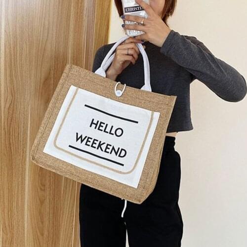 Summer Natural Linen Luxury Tote Large Capacity "Hello Weekend"Female Casual Shoulder Bag Daily Handbag Fresh Beach Shopping Bag