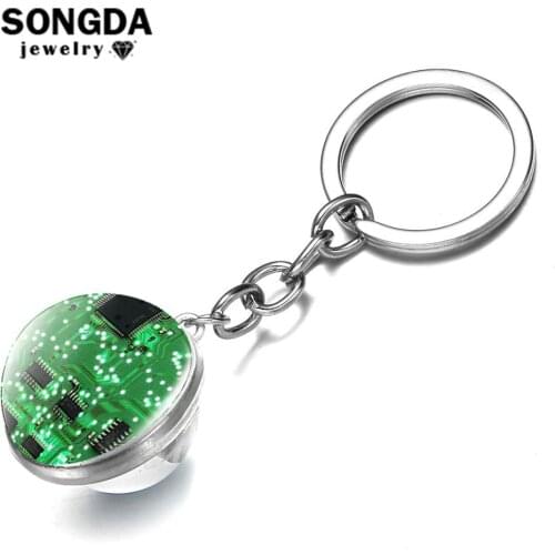 SONGDA Classic Circuit Board Keychain Computer Geekery Men Jewelry Novelty Key Chain Transparent Double Sided Glass Ball Pendant