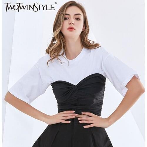 TWOTWINSTYLE Sexy Ruched T Shirt For Women O Neck Short Sleeve Slim Short Tops Female Fashion New Clothing 2020 Summer Stylish