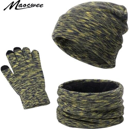 Three-piece Scarf Gloves Hat Set Knitted Skullies Beanies Cap Autumn Winter Warm Unisex Solid Color Outdoor Men Women Hat Scarf