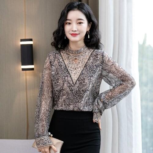 TingYiLi Vintage Printed Hollow Out Stand Collar Silk Blouse Women Spring Autumn Lantern Sleeve Loose Shirt Korean Elegant Tops