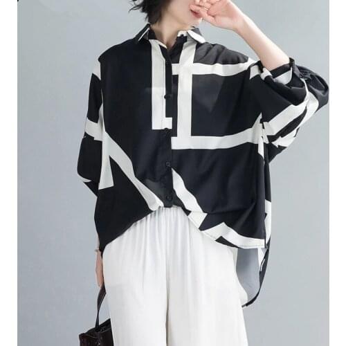 Summer Oversize Women Blouse Shirts Office Lady Tops Tunic Casual Loose Striped Batwing Sleeve Clothing Button Cardigan
