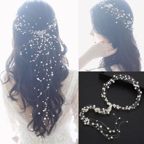Korean Style Handmade Bridal Flower Simulated Pearl Wedding Headbands Women Tiaras Long Tassel Engagement Hair Accessories