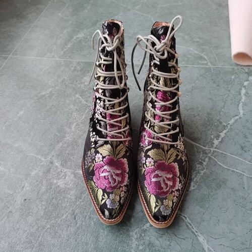 HOT sale Women ankle boots plus size 22-28cm Chinese style embroidered flowers Pointed lace-up booties tapered heel women boots