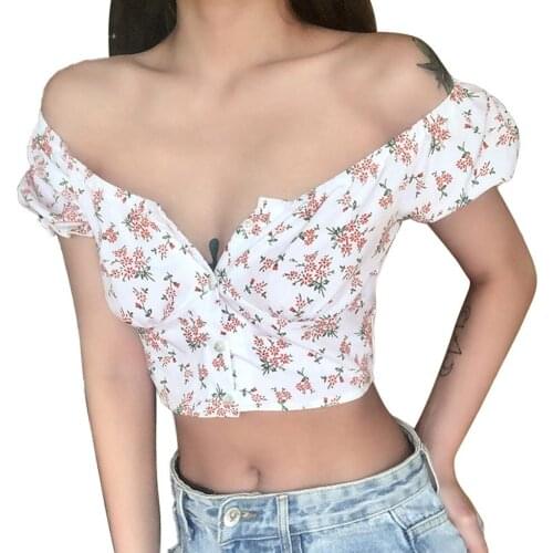 Women Cropped Top Buttons Shirt Flower Printed Round Neck Short Puff Sleeve Summer Streetwear