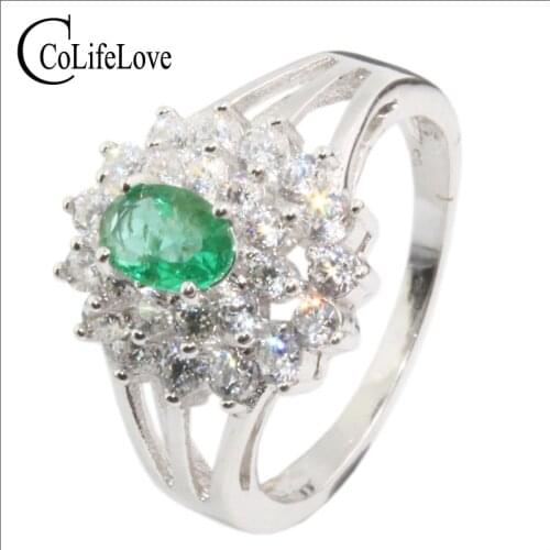 100% genuine emerald gemstone silver ring 4 mm*6 mm SI grade emerald fine jewelry sterling silver emerald wedding ring for lady