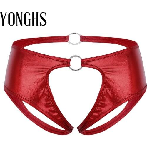 Womens Lingerie Underwear for Sex Faux Leather Crotchless Jockstrap Low Rise Briefs Underwear Sexy Panties with Metal O-Rings
