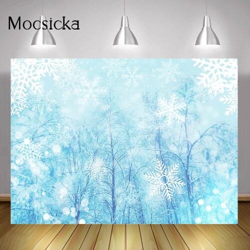 Winter Blue Bokeh Photography Backdrop Snowflake Pine Newborn Kids Adult Birthday Portrait Background Snow Scene Photo Studio