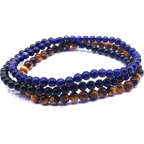 3 PCS/Set 4 mm Nature Stone Round Bead Women Men Bracelet 18 cm Girls Gifts Yellow Tiger Eyes Black Stone Lapis