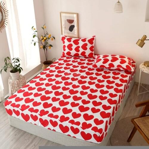 Red Love Pattern Fitted Sheet 3PCS Bed Sheet with Elastic Band Couple Mattress Protector Cover Bedspreads Bedclothes 180*200cm