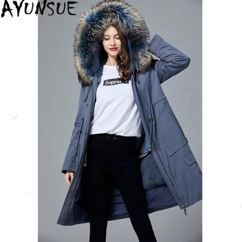 AYUNSUE Real Fur Coat Female Parka Winter Jacket Women Rabbit Fur Liner Raccoon Fur Collar Long Jackets for Women Warm Outwear
