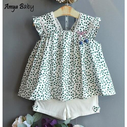 Amya Baby Kid Outfits Girl Short Set Summer 2020 Polka Dot Tops Short Pants 2pcs Casual Children Clothing Korean Girls Outfits