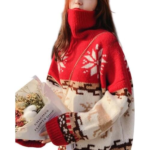 Ele-choices Christmas Fashion Women Winter Deer Print Turtle Neck Pullover Knitwear Loose Sweater for Autumn Winter