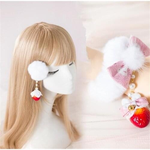 Pom pom ball strawberry Bow Headwear Accessories Lolita Cosplay Tassels Bowknot Side Clip B1120