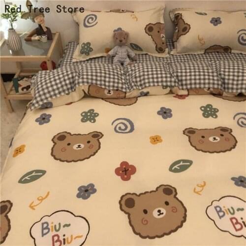 Cute Cartoon Bear Boys Girls Bedding Set with Flat Sheets Adult Children Bed Linen Duvet Quilt Cover Pillowcase 3-4 PCS Bedding