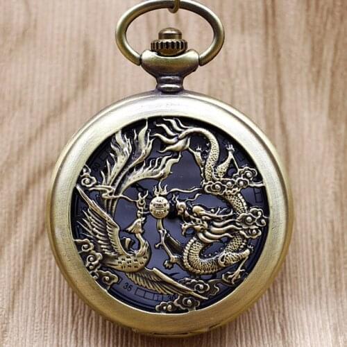Top Brand Bronze Vintage Phoenix Dragon Pattern Hollow Quartz Pocket Watch with Pendant Gift For Men Women TD2069