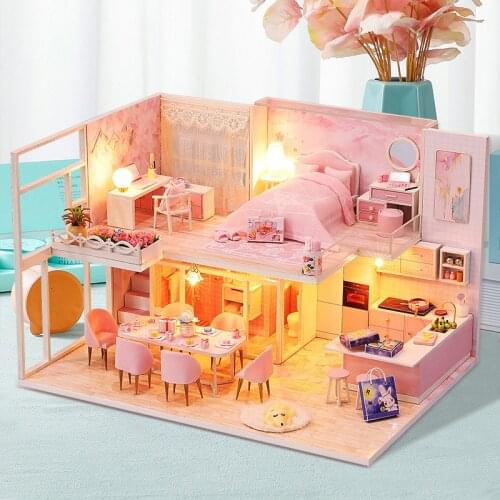 New DIY Wooden Dollhouse Miniature Furniture With LED Light Kit Pink Princess House Doll Houses Assemble Toy Birthday Gift Casa